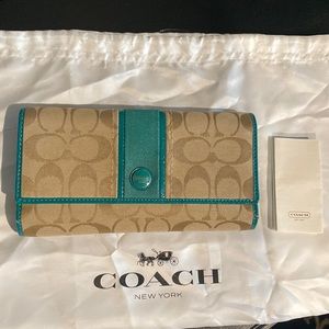 Coach classic C wallet teal turquoise accents and tan
